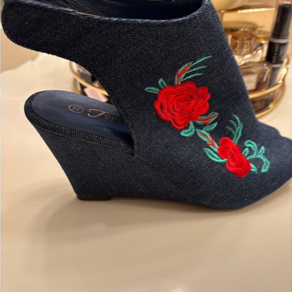 Floral Embroidered Denim Wedges